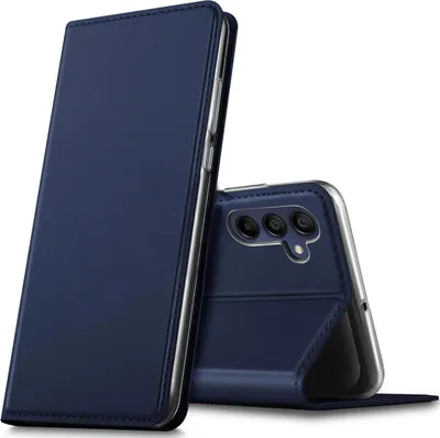 A blue flip case for a smartphone is shown, with the phone partially visible inside.