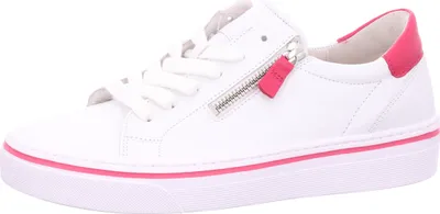 A white sneaker with pink accents is shown from the side against a white background.