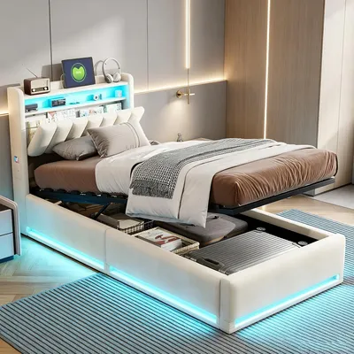 Produktbild von INONEFT Boxspringbett 90×200 mit LED &USB ,Polsterbett mit Stauraum,Hydraulisches Einzelbett, Samt, Beige.