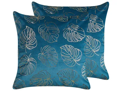 Obrázek produktu pro BELIANI Sada 2 dekorativních polštářů modré sametové 45 x 45 cm zlatý potisk listů monstery elegantní design