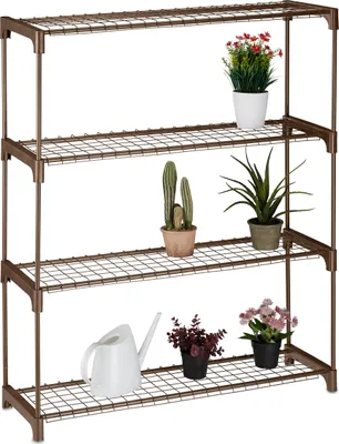 Produktbild von Relaxdays Blumenregal, 4 Ablagen, Blumen- & Pflanzentöpfe, Metall & Kunststoff, HxBxT: 106x91x28 cm, Kräuterregal, braun