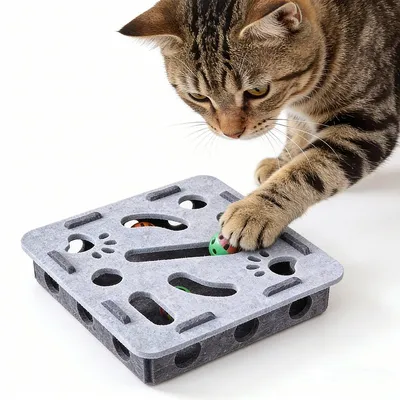 Image de Jeu de puzzle pour chats, en feutre, avec 3 boules sonores, interactif, de couleur grise