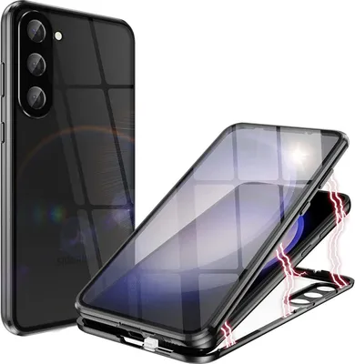 A black and transparent phone case is shown, with a phone inside the case on the right. The case is shown from the back on the left.
