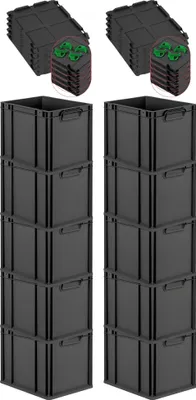 Produktbild von SparSet 10x Eurobox NextGen Grip mit Auflagedeckel inkl. 4 grünen Schiebeschnappverschlüssen | HxBxT 32x30x40cm | 30 Liter | Schwarz | Griffe geschlossen | Eurobehälter, Transportbox, Transportbehälter, Stapelbehälter