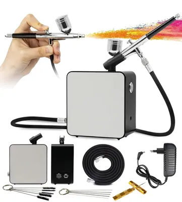 Produktbild von Airbrush Set AG-102K mit Kompressor – Double-Pistole Kit inkl. 3m Schlauch – Profi & Einsteiger für Modellbau, Tätowierung, Torten, Tanning & Kosmetik