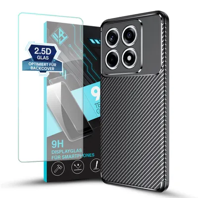 Produktbild von Handy Hülle für Xiaomi 14T mit 9H Displayglas Displayschutz Carbon Look Cover Case Schutzhülle Farbe: Schwarz