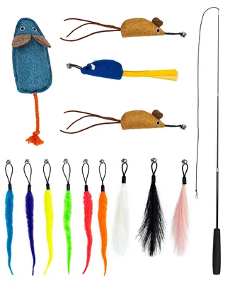 Image de lionto Jouet pour chats avec canne à pêche télescopique, set de 14 pièces avec souris, plumes, vers de terre & valériane, flexible & interactif