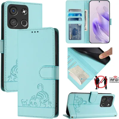 Produktbild von Leder Hülle für itel A05S Süße Katze Flip Case Brieftasche Schutzhülle mit Standfunktion hellgrün