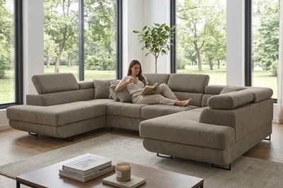 Produktbild von Ecksofa SAVIO BIG Angel – U-Form mit Schlaffunktion, Velours in Braun, Family Meble, KI-generiertes Bild