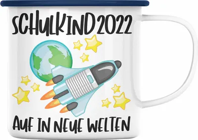 Produktbild von Trendation - Schulkind 2022 Einschulung Mädchen Junge Geschenk Schultüte Emaille Tasse Schulstart 1 Schultag Schuleinführung Schulanfang Geschenkidee Lustig (Blau)