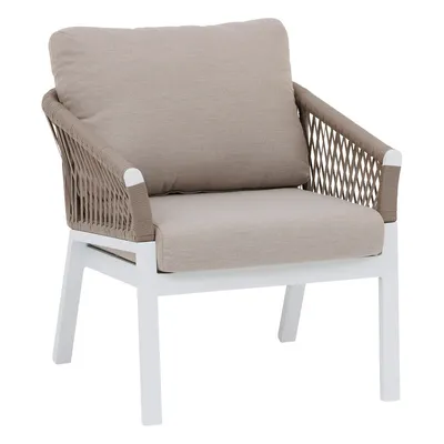 A single outdoor lounge chair with taupe cushions and a white frame.