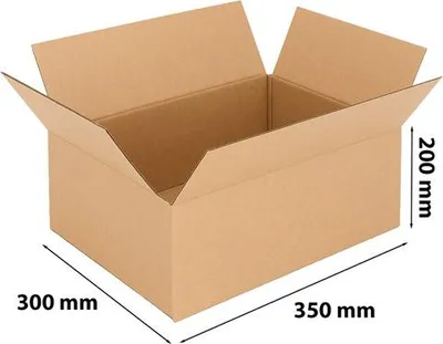 An open cardboard box with dimensions indicated.