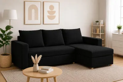 Produktbild von Ecksofa HUGO L-Form, Universal, Modernes Bettsofa mit Schlaffunktion und Bettkasten, Schlafsofa, Couch beidseitig montierbar, SCHWARZ - SAWANA 14, KI-generiertes Bild