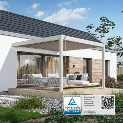 Produktbild von Deluxe | Wand Voll-Alu Pergola | 3,6 x 4 M | Lamellendach Ivory Sand