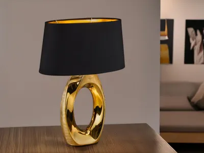 Produktbild von Große LED Tischleuchte1 flammig Keramikfuß goldfarbig Schirm schwarz Höhe 52cm