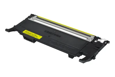 A yellow and black Samsung toner cartridge is shown against a white background.