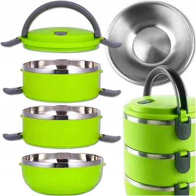 Produktbild von Thermo Lunchbox 3 Etagen 2,1 L – Edelstahl Warmhaltebehälter Mit Griff, Auslaufsichere Clips, Grün, Für Arbeit & Schule
