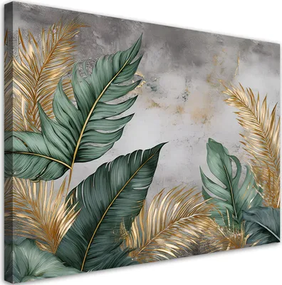 Produktbild von Feeby - Leinwand Bilder - Goldene und Grüne Blätter - 30x20 cm - Deko Wohnzimmer - Wandbilder Schlafzimmer - Deko Aesthetic - Wand Deko - Leinwand Groß - Deko Zimmer - Leinwandbilder XXL