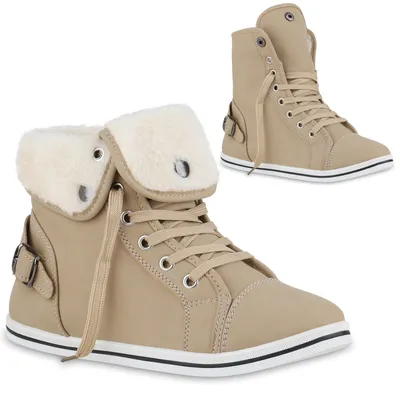Produktbild von VAN HILL Damen Warm Gefüttert Sneaker High Bequem Schnürer Schnallen Schuhe 840858, Farbe: Beige, Größe: 40