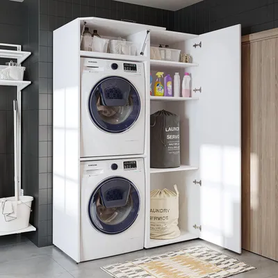 Immagine prodotto di Roomart DUO Mobile per lavatrice con asciugatrice sopra la lavatrice • Larghezza 127 cm • Bianco, rovere Mobile per lavatrice