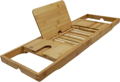 Produktbild von BEGRYF Badewannenablage aus Bambus ausziehbar 70–104 x 23,5 x 4 cm mit Buchhalter und Ablagefächern