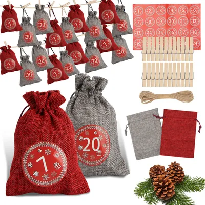 Obrázek produktu pro Adventní kalendář Peviasot, vhodný k naplnění, vánoční motiv, samolepky, látkové sáčky (DIY), sada pro tvoření dárků, dekorativní sada, 24 kusů, červená/šedá