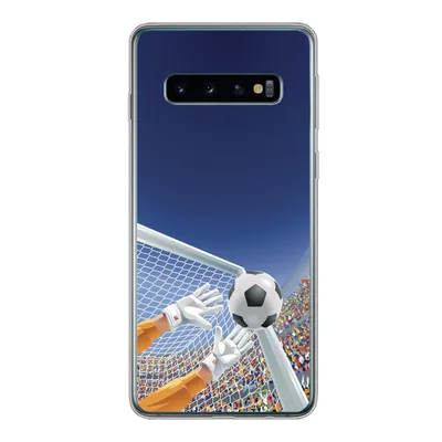 A Samsung Galaxy S10 phone case with a soccer-themed illustration.