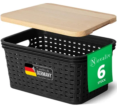 Produktbild von Novaliv 6er Set Aufbewahrungsboxen mit Holzdeckel Mini 2L Korb Schwarz in Rattan Design Lebensmittelecht Aufbewahrungskorb Stapelboxen Nestbar Kunststoff BPA-frei Kiste Verstaubboxen mit Deckel