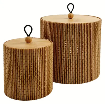 Produktbild von Set aus 2 Aufbewahrungsboxen/Körben aus Bambus mit Deckel, braun (Rindfleisch (Ø8xH8,2 / Ø12x11,2 cm))