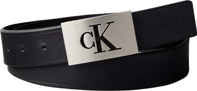 Immagine prodotto di Cintura da uomo Calvin Klein, modello Mono Plaque, in pelle, colore nero (nero/argento opaco), lunghezza 100 cm