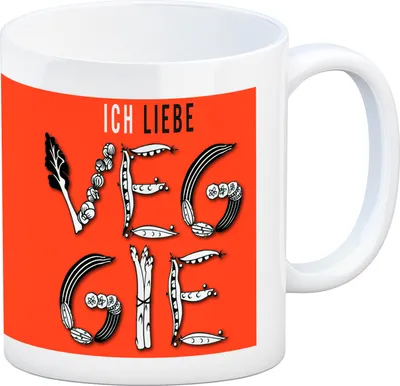 Produktbild von Ich liebe Veggie Kaffeebecher mit Gemüse Motiv in rot