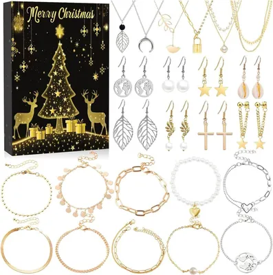 Produktbild von Woalopted Schmuck Adventskalender 2025 für Mädchen & Frauen, 24-Tage Countdown Kalender mit Ohrringen, Halsketten & Armbändern,Geschenk zu Weihnachten