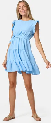 Produktbild von PM SELECTED Feminines Damen Mini Rüschenkleid mit Gürtel, Rundhalsausschnitt und Flügelärmeln PM27 Blau Einheitsgröße Gr. 34 - 38