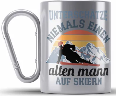 Produktbild von Trendation - Ski Fahren Edelstahl Tasse Karabiner Geschenk Skifahrer Geschenk Edelstahl Tasse Karabiner Lustig Männer Skifahren Witz Spruch Sprüche (Silber)