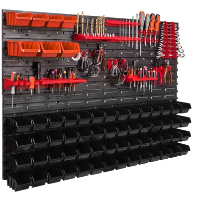 Produktbild von Lagersystem Wandregal 1152 x 780 mm Werkzeugwand 63 stck Stapelboxen Kunststoff