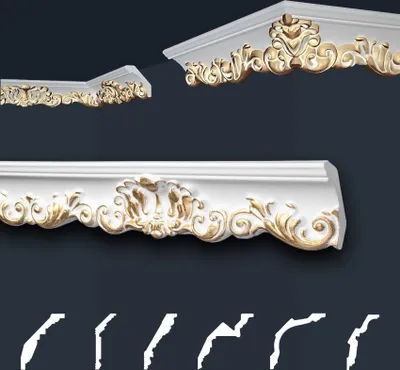 A product image showcasing decorative molding with gold accents against a dark background. Multiple views and profiles of the molding are displayed.