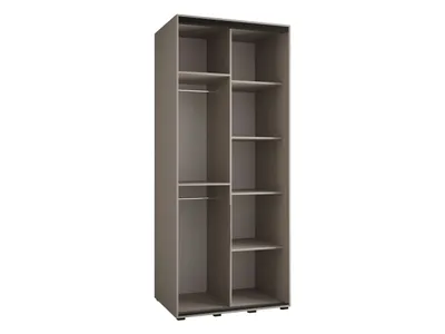 An empty wardrobe with two sections, one with hanging rails and the other with shelves.