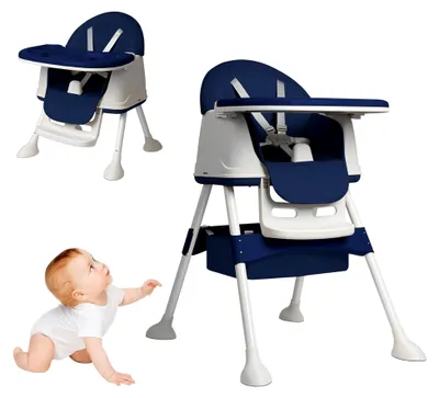Produktbild von 3-in-1 Kinderhochstuhl, Klappbarer Baby Essstuhl mit Höhenverstellung, Verstellbarem Doppeltablett, Rollen und Abnehmbarem Sitz, Kombihochstuhl für Zuhause und Unterwegs, Blau
