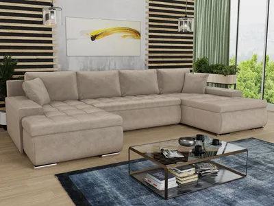 A U-shaped sectional sofa with a chaise lounge and storage is shown in a modern living room setting.