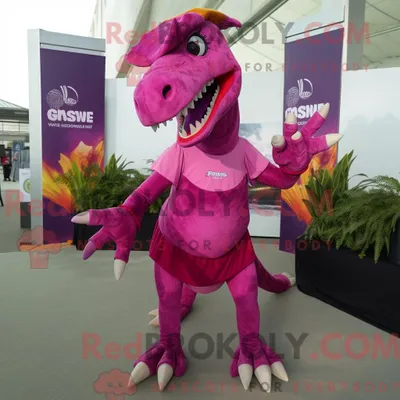 Image de Personnage mascotte REDBROKOLY d un Spinosaurus Magenta habillé d une robe droite et de bandeaux