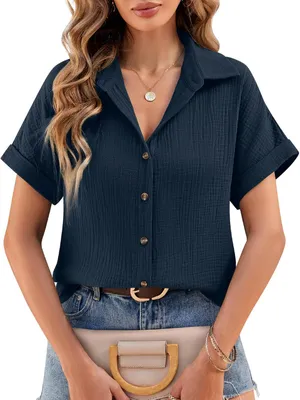 Productafbeelding van Damesblouse van katoen met V-hals, korte mouwen en losse pasvorm, navyblauw