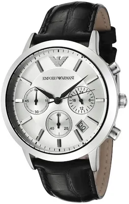 A close-up studio shot of an Emporio Armani chronograph watch with a silver dial and black leather strap.