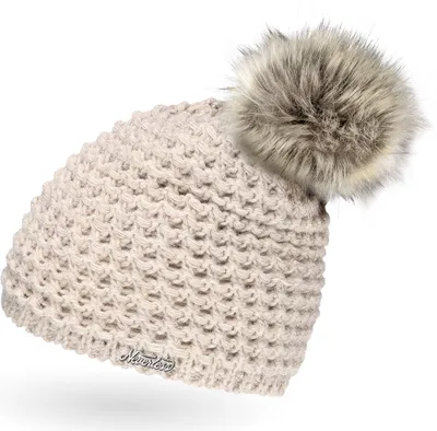 Produktbild von Damen Strickmütze gefüttert Fell-Bommel Kunstfell Winter-Mütze Bommelmütze Neverless® hell-beige unisize