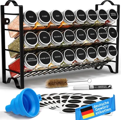 Produktbild von 24er -Set - 3 stufiges Metall Gewürzregal mit 24 Gewürzdosen, 48 Etiketten, Pinsel, Trichter, Haken - DECO HAUS (Schwarz)