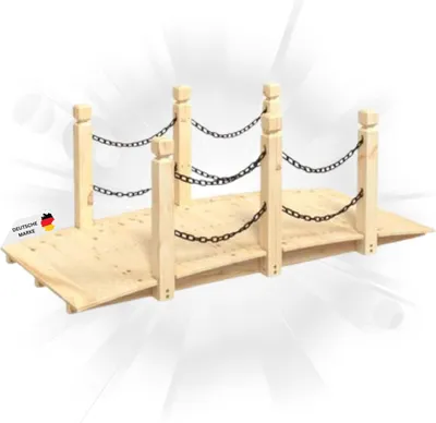Produktbild von DELUKE® Holzbrücke mit Kettengeländer ROBBI Natur | 150x67x56cm | Gartenbrücke mit Geländer Teichbrücke Holzsteg Gartendeko Teich Garten Zierbrücke Hinterhof-Brücke Deko