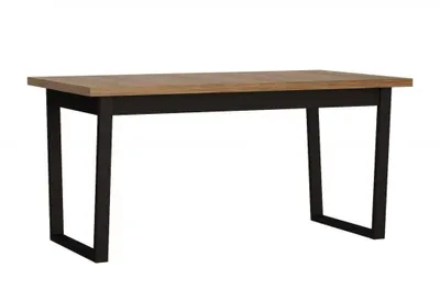 A table with a wooden top and black metal legs, isolated on a white background.
