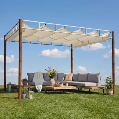 Zdjęcie produktu dla Pergola HWC-L42, pawilon ogrodowy zadaszenie patio, solidna 7cm metalowa rama 3x3m wygląd bambusa ~ kremowo-biały