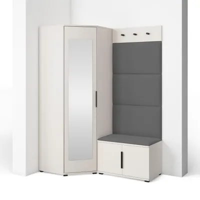 Produktbild von Garderoben-Set Napoli Version 17: Eckschrank mit Polsterpaneelen, Schuhschrank und Schrankaufsatz Flur und Eingangsbereich (Cashmere/Trinity 15)