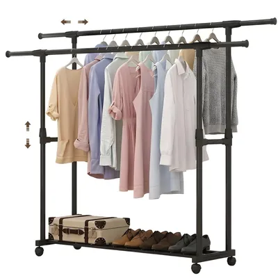 Produktbild von Kleiderständer auf Rollen, höhenverstellbar, mit doppelter Kleiderstange & Schuhablage, mobiler Kleiderständer Kohlenstoffstahl, 95–155 × 90–150 ×42 cm