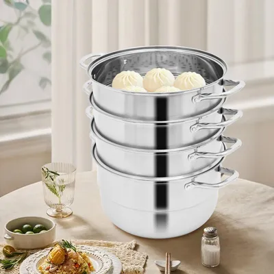 Obrázek produktu pro Parní hrnec z nerezové oceli 304 - víceúrovňový tlakový hrnec - 5 úrovní - objem 9 litrů - stohovatelný - bílý